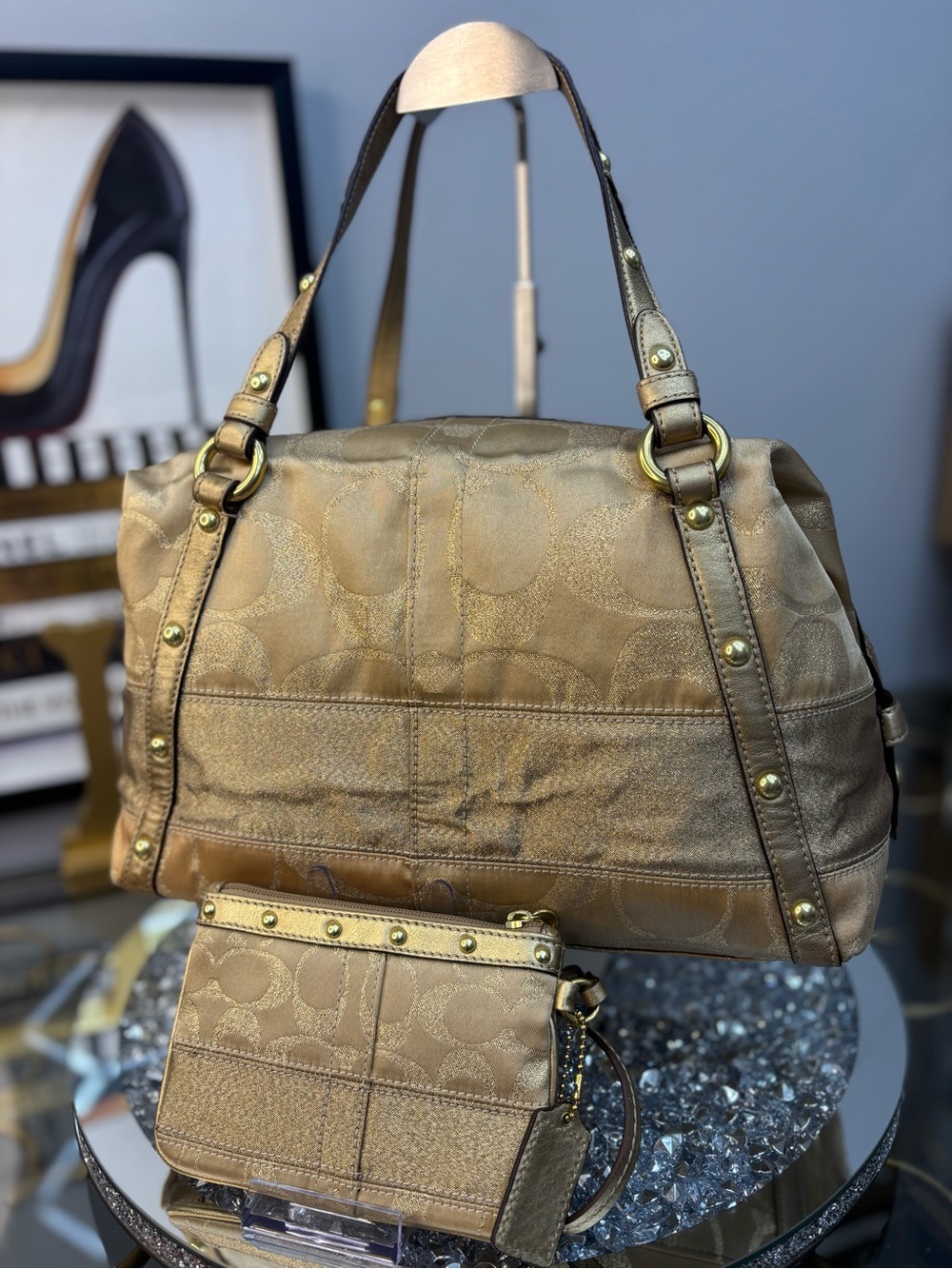 Coach 2008 Signature Stripe Studded Lurex Satchel w/matching wristlet EUC - Picture 5 of 15